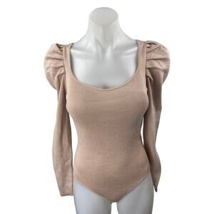 Takara Beige Tan Long Puff Sleeve Scoop Neck Knit Blouse Bodysuit Top Size S